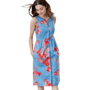 Joules Lisia Dress Size 12 Blue Floral Linen Sleeveless Midi